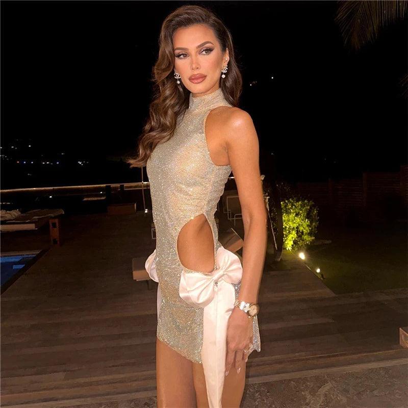 Tonight's Mystery Bow Cut Out Glitter Mini Dress