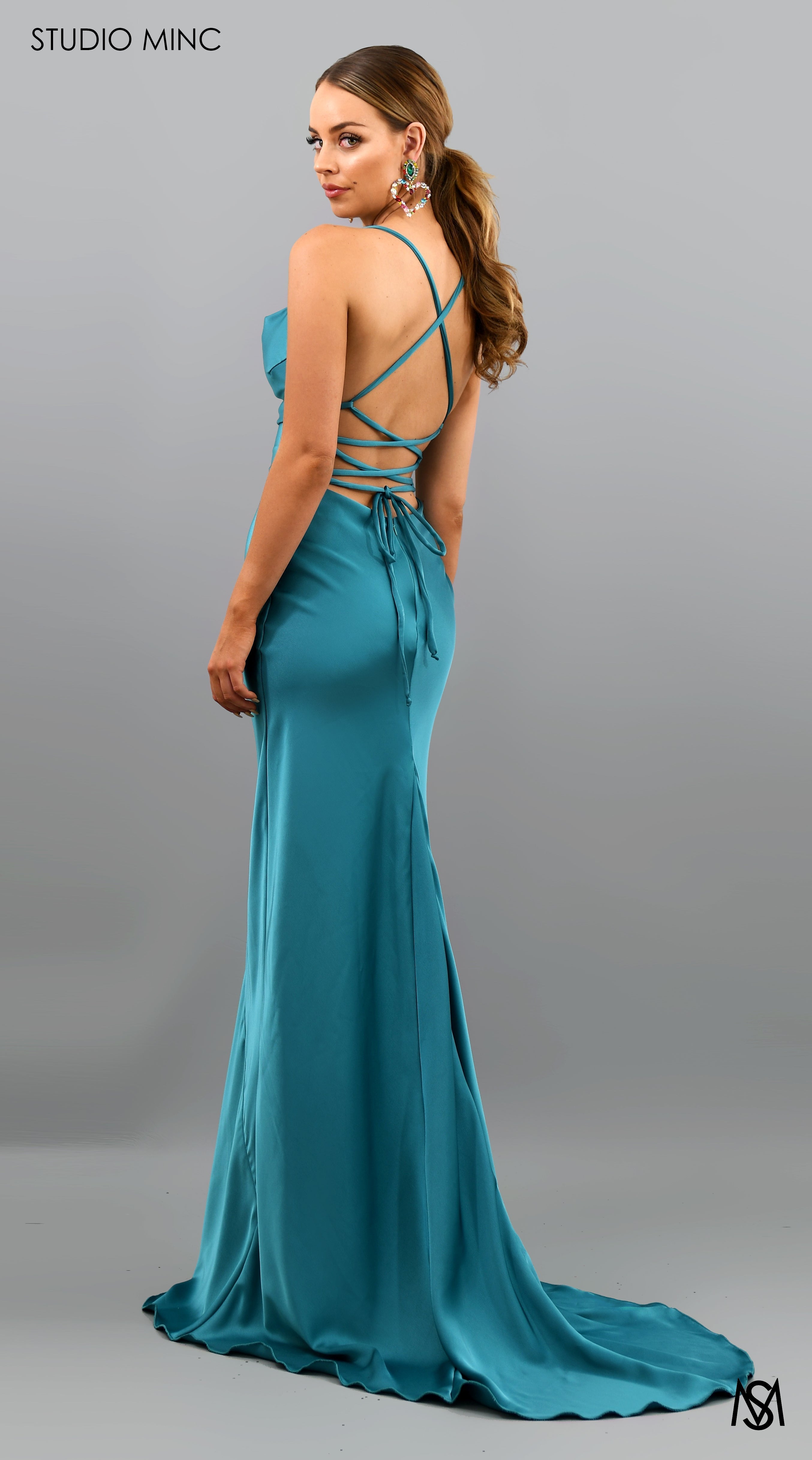 ESSENCE - Turquoise Satin Formal Dress with Backless Lace Up