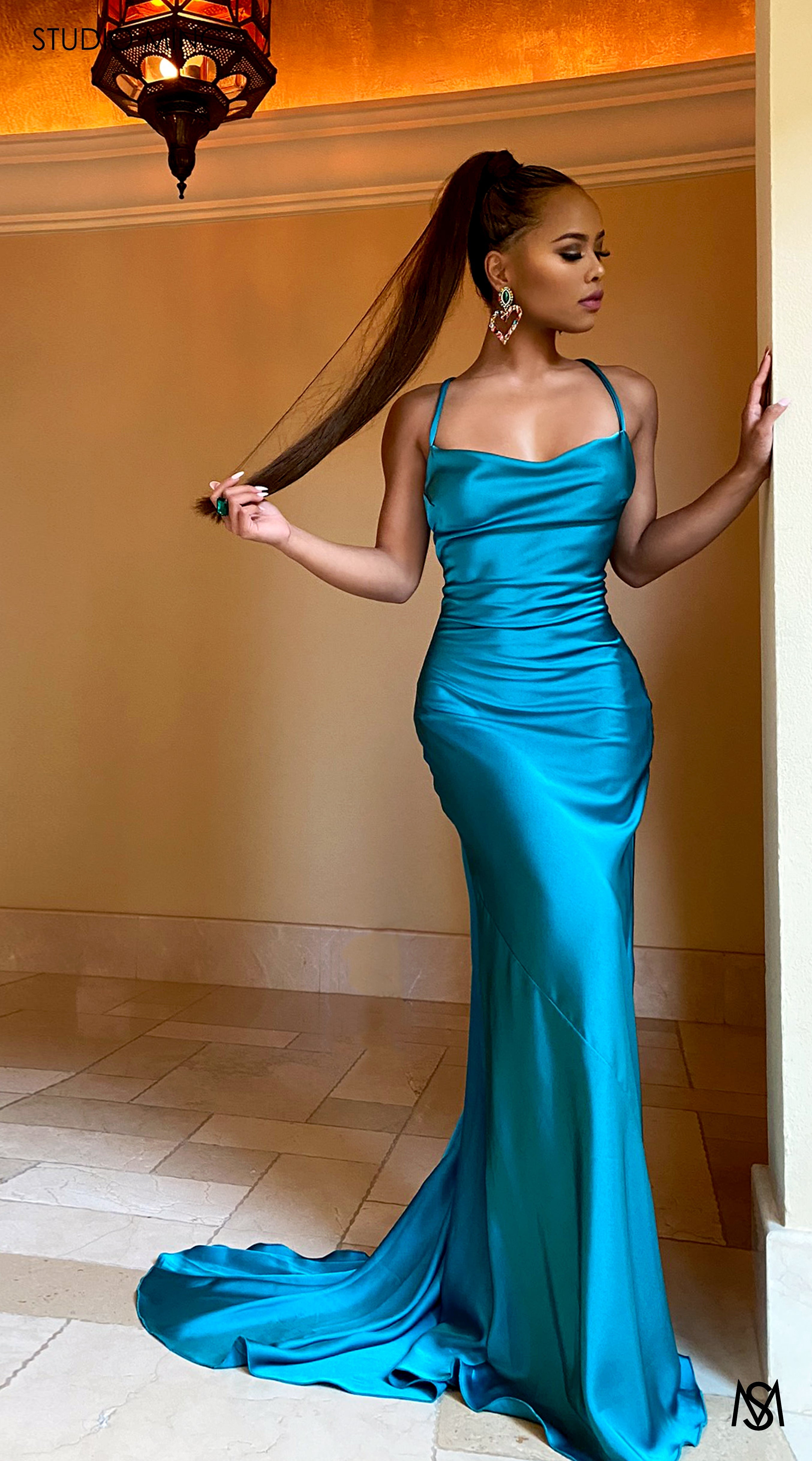 ESSENCE - Turquoise Satin Formal Dress with Backless Lace Up
