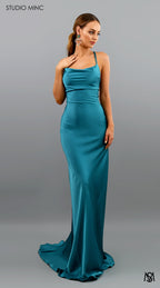 ESSENCE - Turquoise Satin Formal Dress with Backless Lace Up