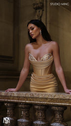 Verite - Gold Formal Dress, Strapless Corset Beaded Bra Cups, fitted satin draped skirt