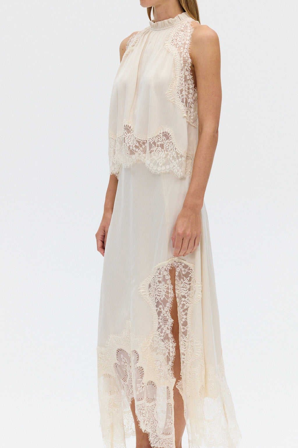 Modern Muse Satin Lace Trim Pleated Neck Top and A-line Irregular Slit Skirt Set