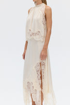 Modern Muse Satin Lace Trim Pleated Neck Top and A-line Irregular Slit Skirt Set