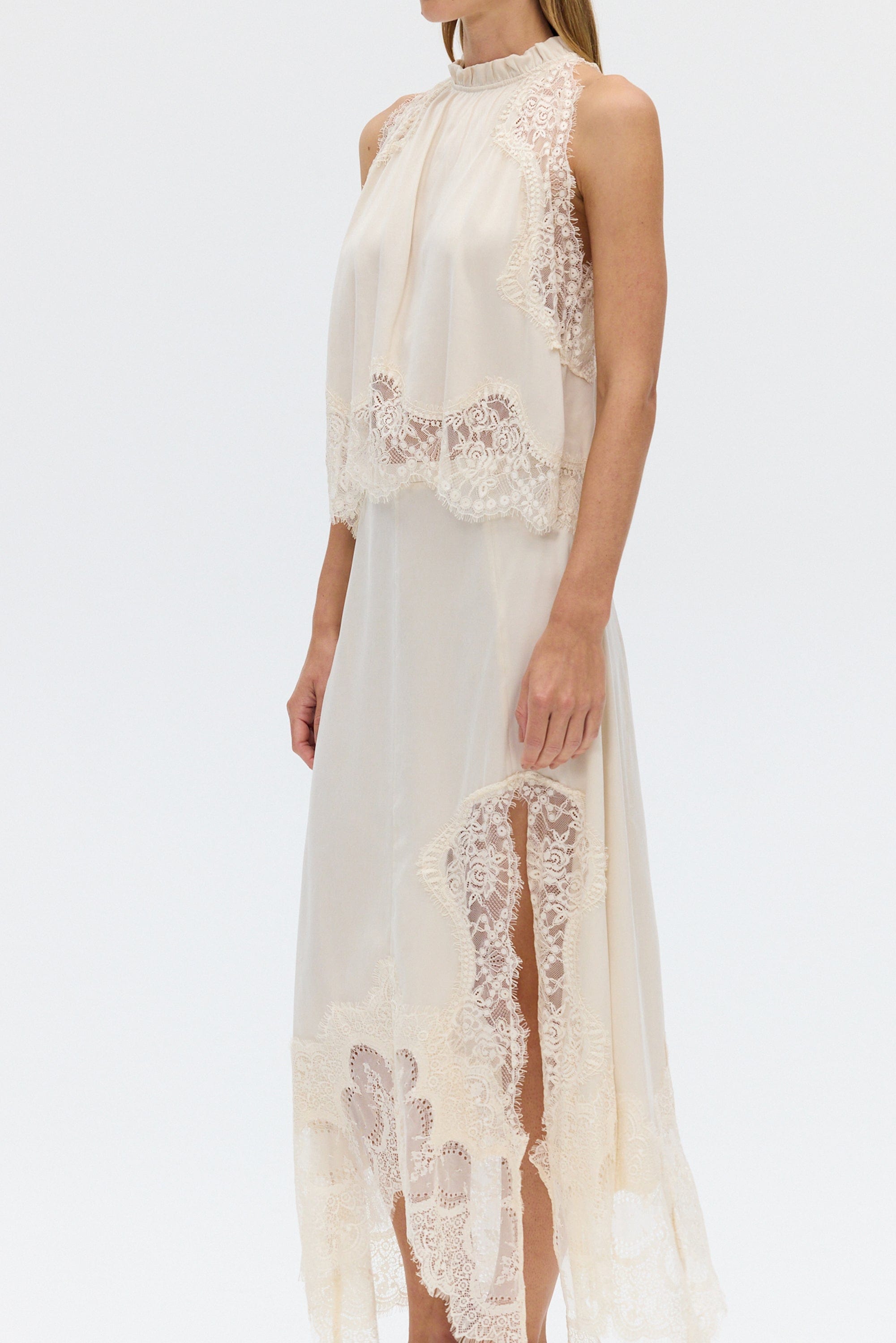 Modern Muse Satin Lace Trim Pleated Neck Top and A-line Irregular Slit Skirt Set