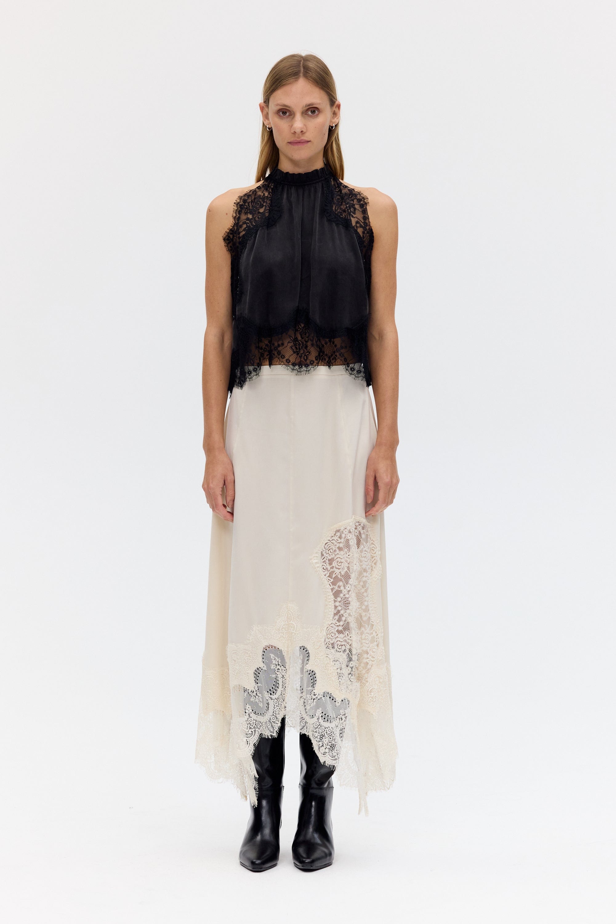 Modern Muse Satin Lace Trim Pleated Neck Top and A-line Irregular Slit Skirt Set