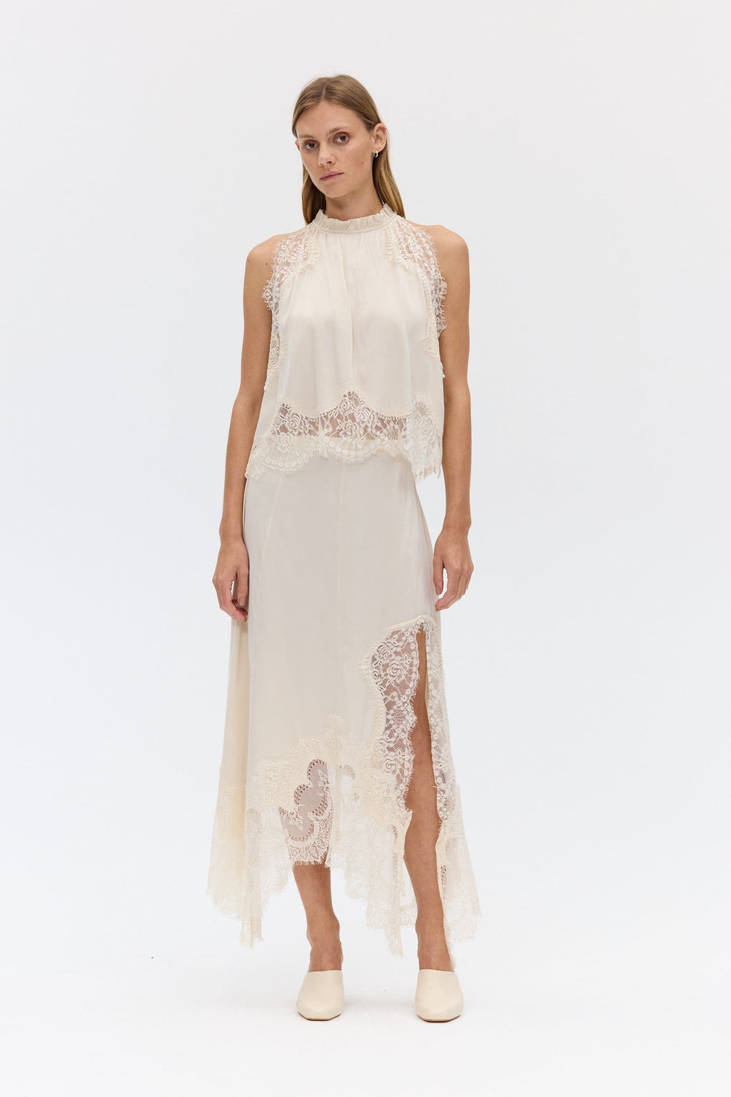 Modern Muse Satin Lace Trim Pleated Neck Top and A-line Irregular Slit Skirt Set