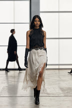 Modern Muse Satin Lace Trim Pleated Neck Top and A-line Irregular Slit Skirt Set