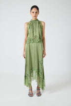 Modern Muse Satin Lace Trim Pleated Neck Top and A-line Irregular Slit Skirt Set