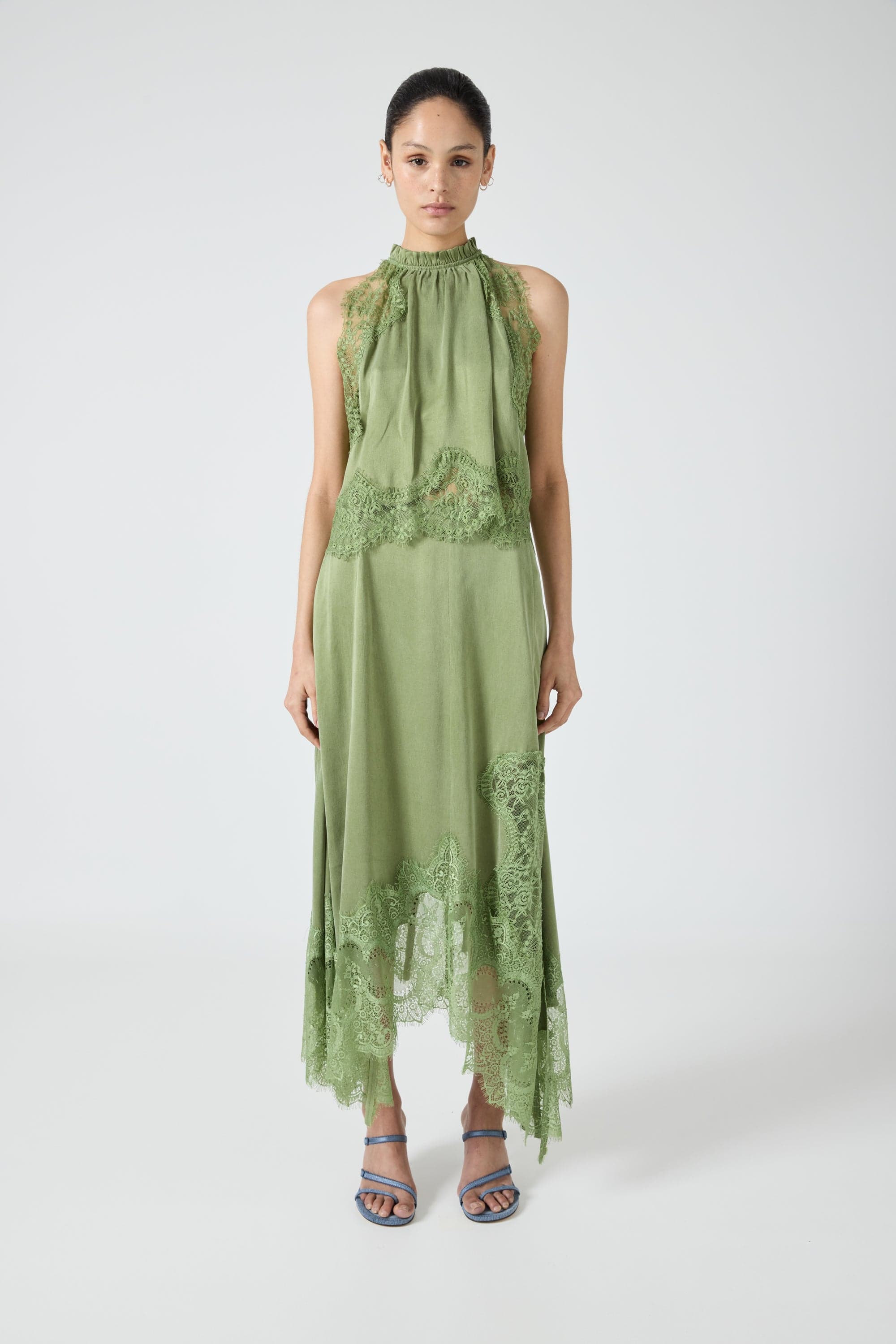 Modern Muse Satin Lace Trim Pleated Neck Top and A-line Irregular Slit Skirt Set