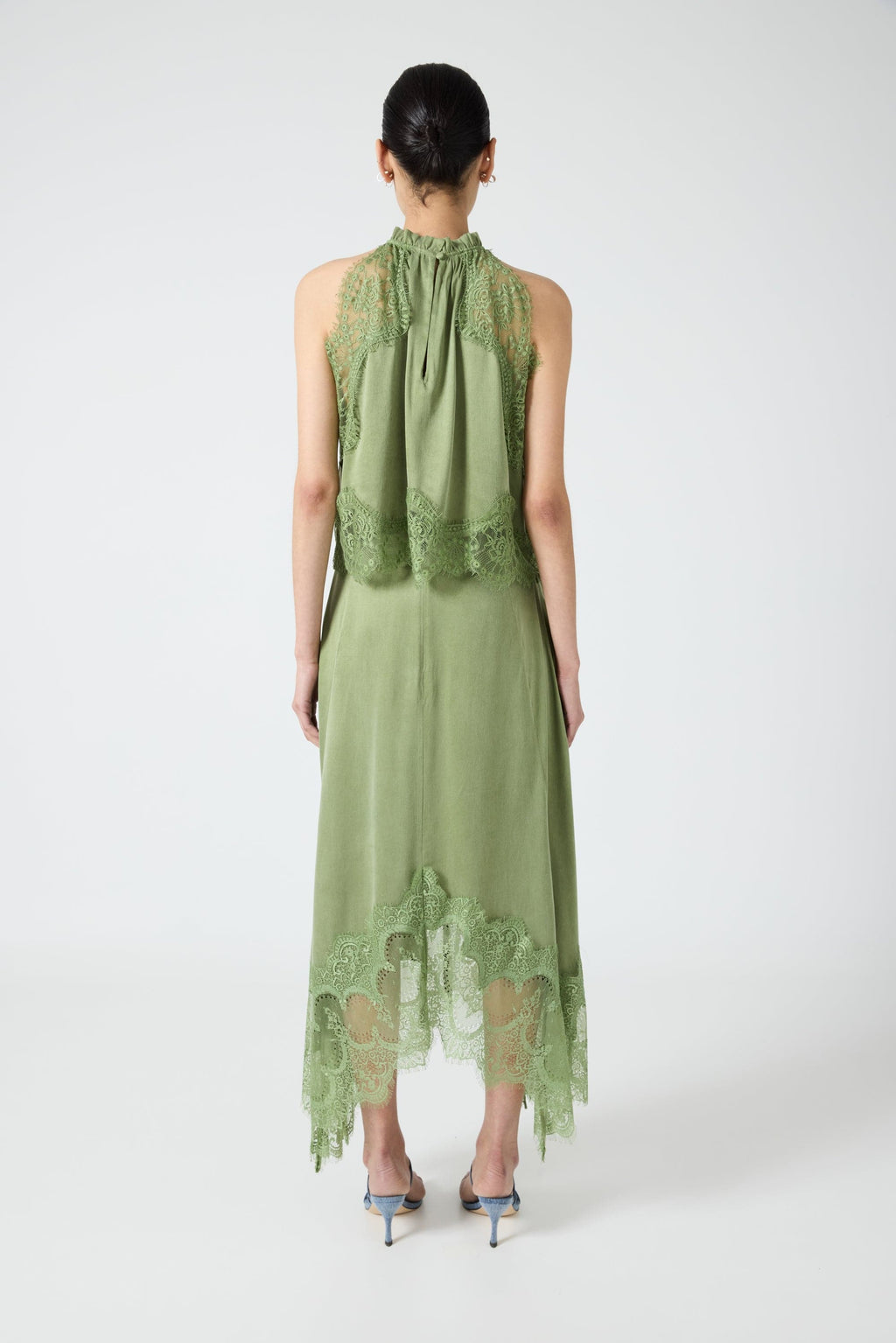 Modern Muse Satin Lace Trim Pleated Neck Top and A-line Irregular Slit Skirt Set