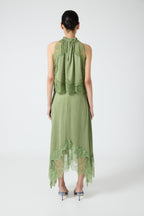 Modern Muse Satin Lace Trim Pleated Neck Top and A-line Irregular Slit Skirt Set