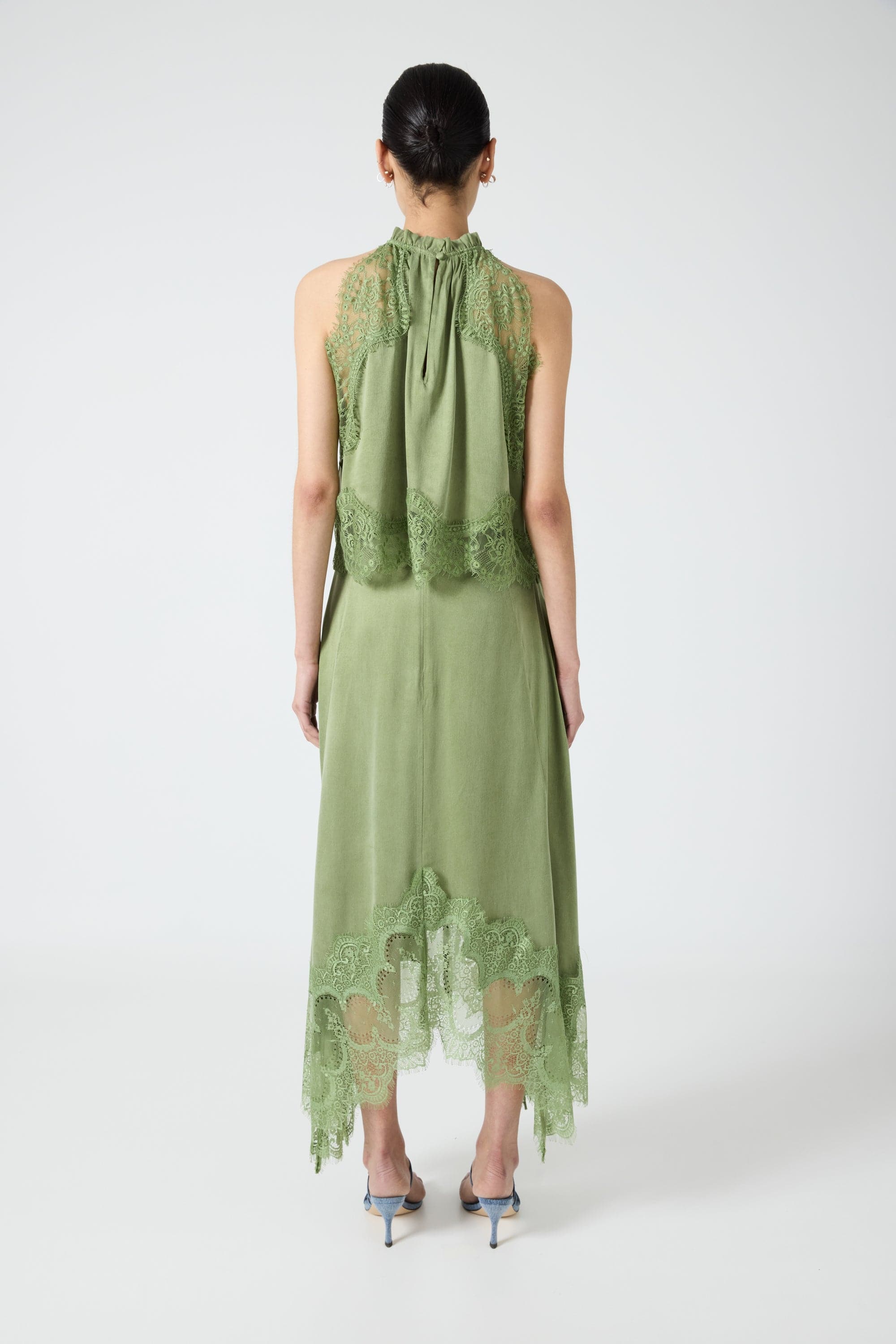 Modern Muse Satin Lace Trim Pleated Neck Top and A-line Irregular Slit Skirt Set