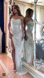 MUSE - White Sequin Formal Dress with Strapless Corset & Leg Split