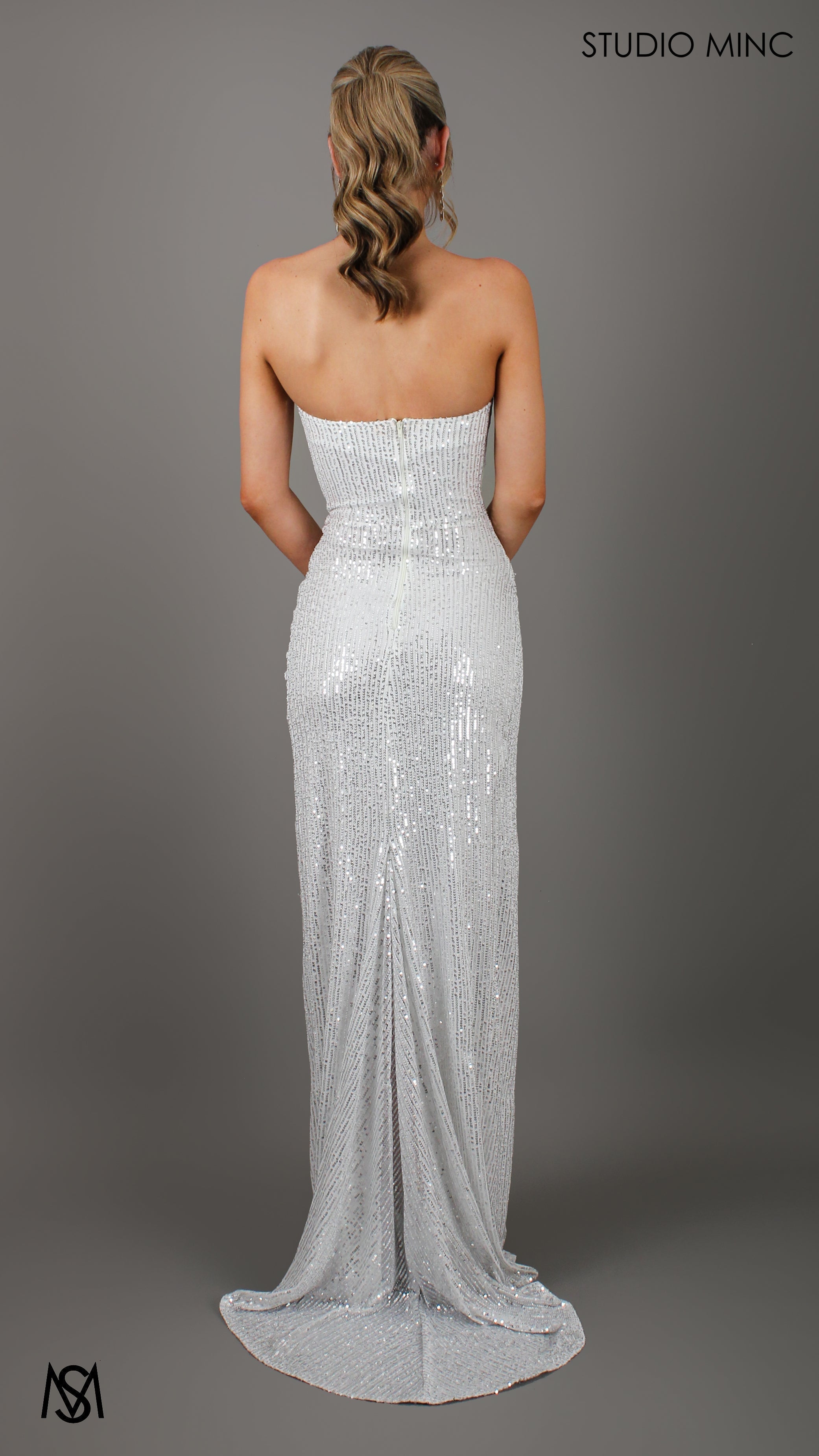 MUSE - White Sequin Formal Dress with Strapless Corset & Leg Split