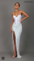 Allure - White Formal Dress, Satin Bra Cup Corset, Sequin Fitted Skirt, Leg Split
