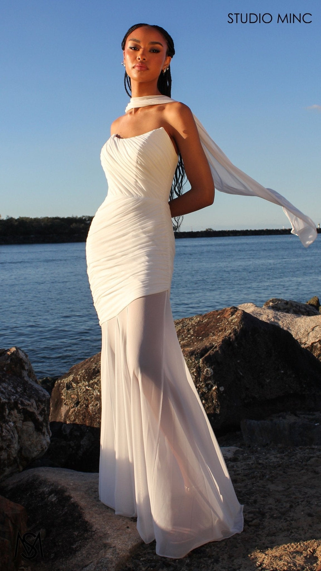 Paloma - White Maxi Dress | Strapless Corset, Sheer net, with Scarf,  Bridal and Formal