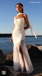 Paloma - White Maxi Dress | Strapless Corset, Sheer net, with Scarf,  Bridal and Formal