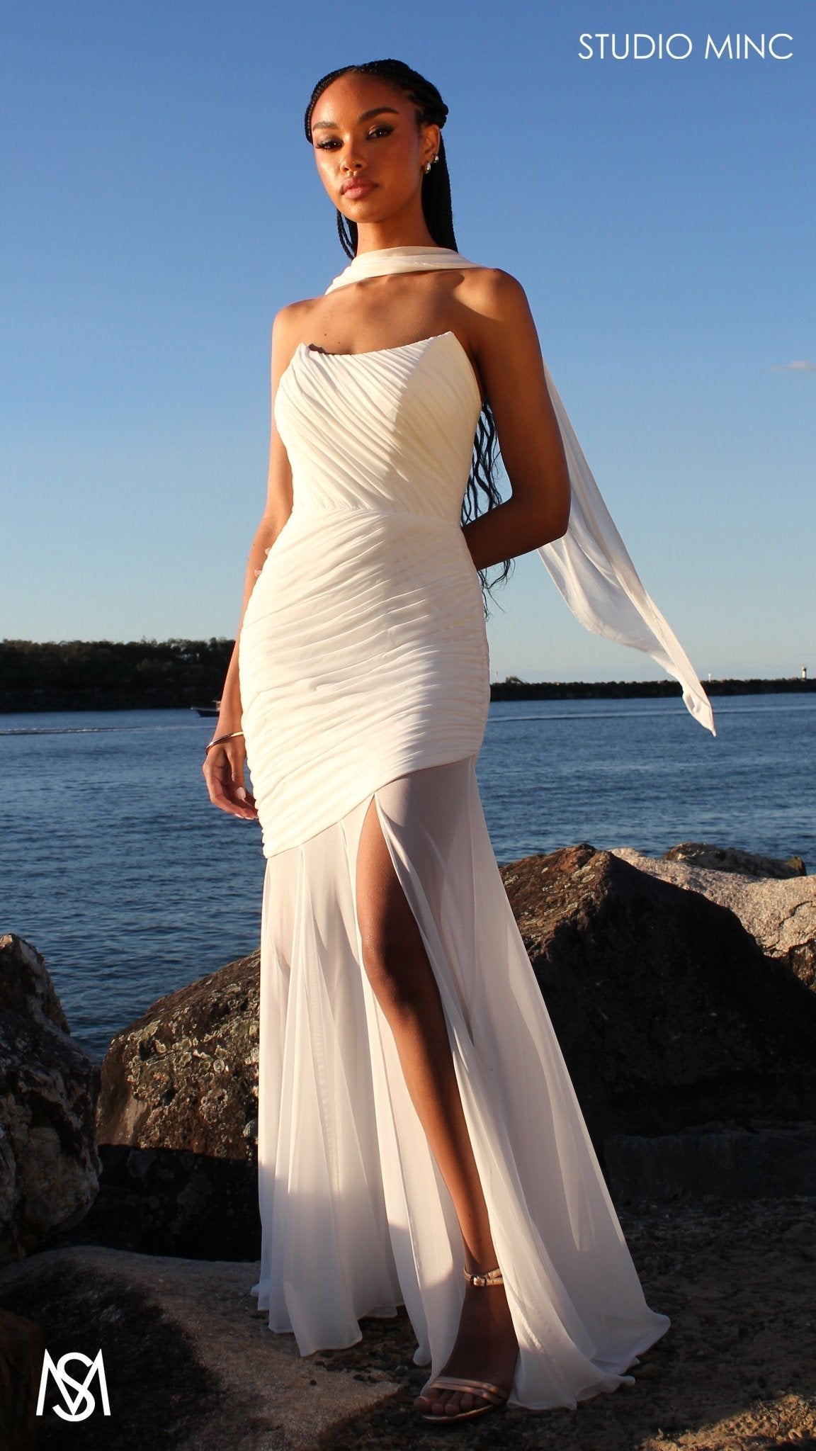 Paloma - White Maxi Dress | Strapless Corset, Sheer net, with Scarf,  Bridal and Formal