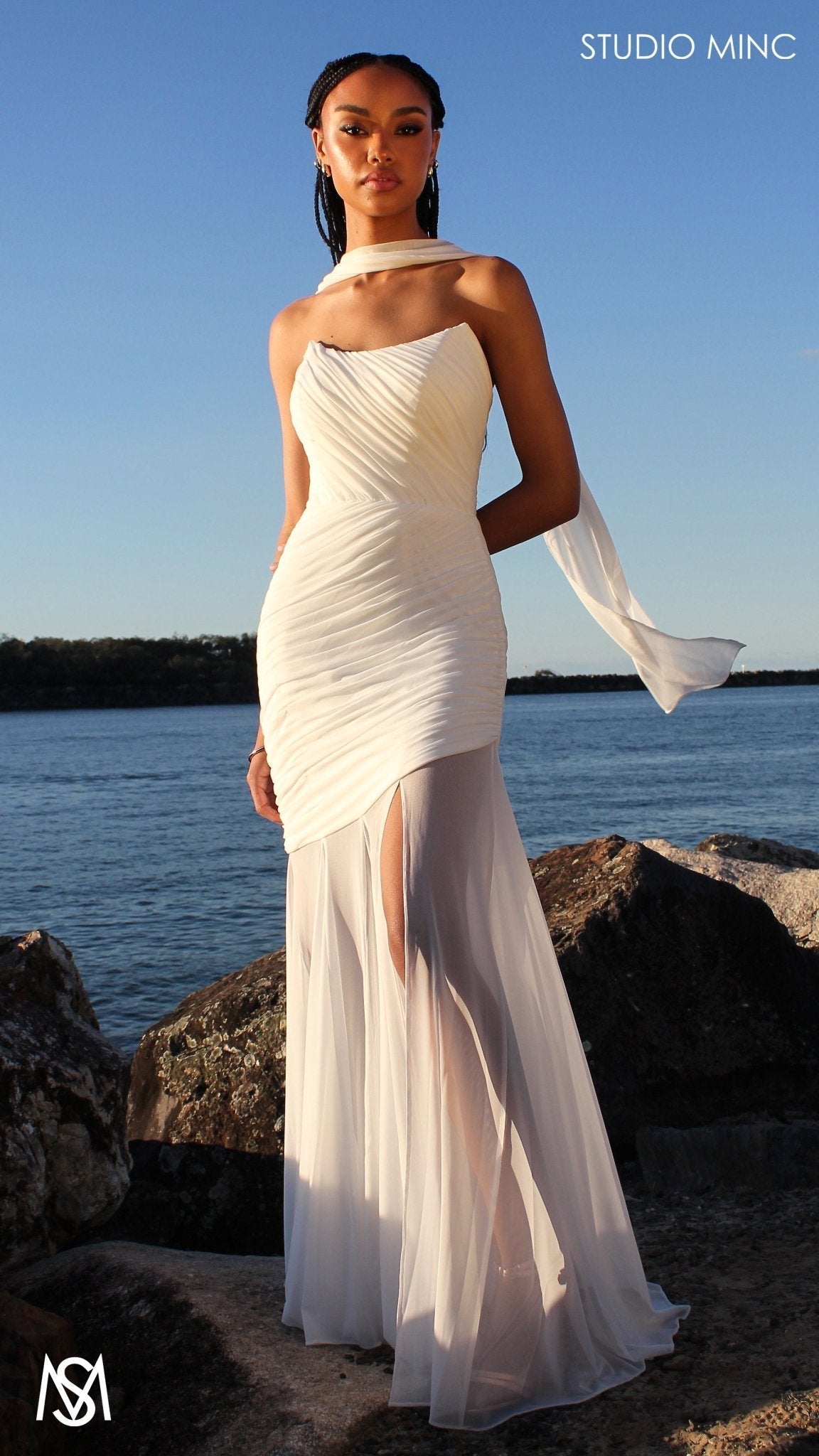 Paloma - White Maxi Dress | Strapless Corset, Sheer net, with Scarf,  Bridal and Formal