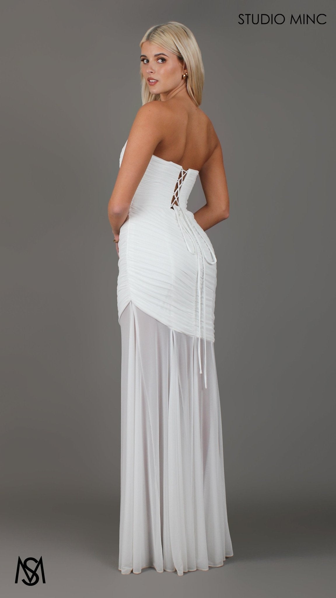 Paloma - White Maxi Dress | Strapless Corset, Sheer net, with Scarf,  Bridal and Formal