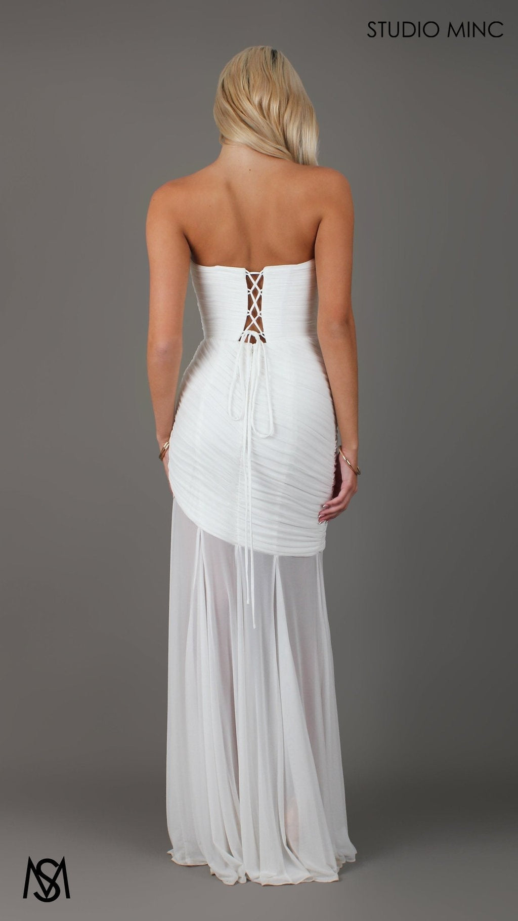 Paloma - White Maxi Dress | Strapless Corset, Sheer net, with Scarf,  Bridal and Formal