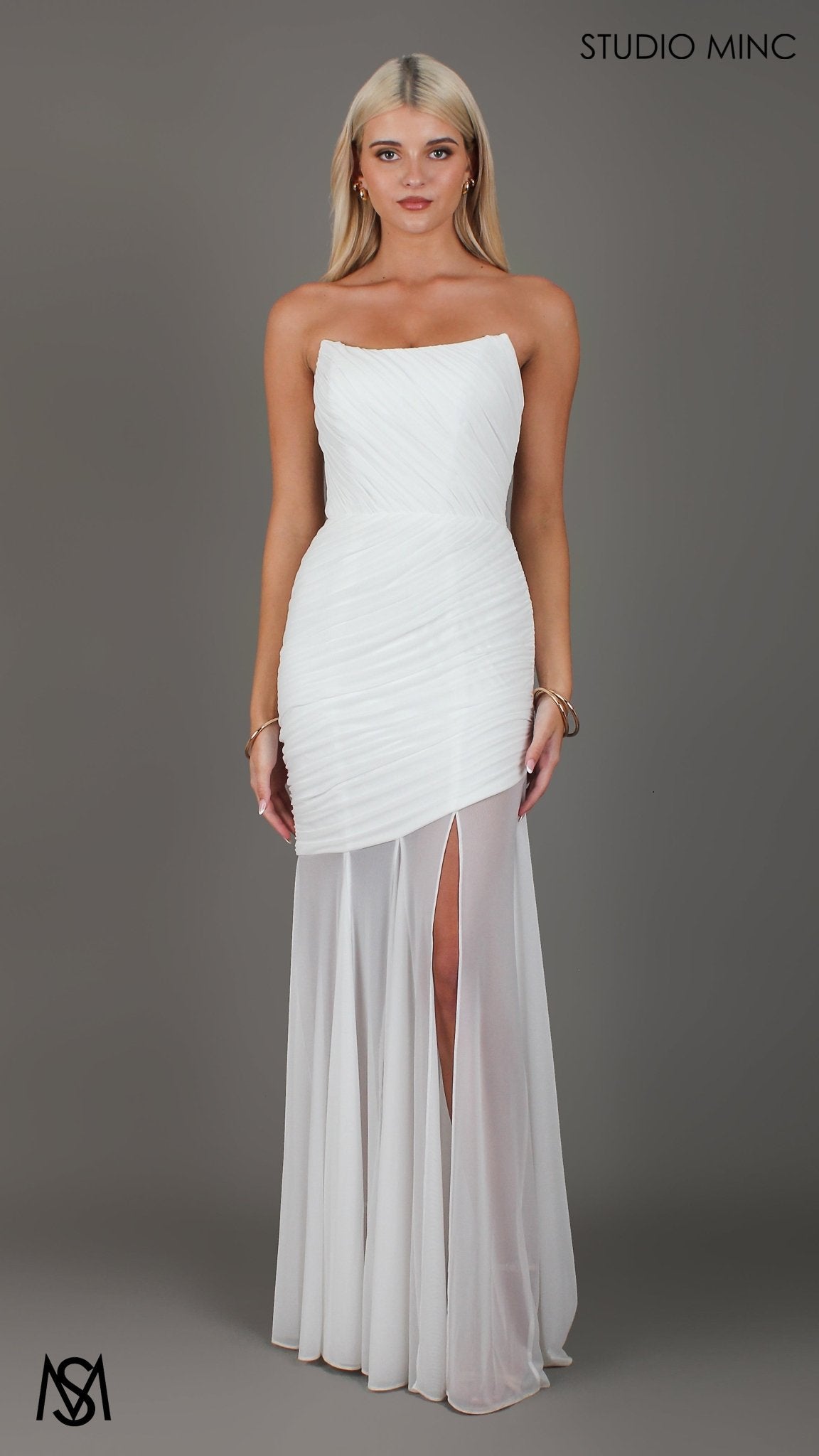 Paloma - White Maxi Dress | Strapless Corset, Sheer net, with Scarf,  Bridal and Formal