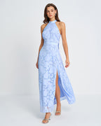 Blue Mock Neck Jacquard Maxi Dress