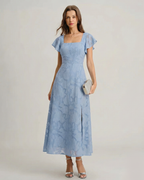 Blue Floral Square Neck Midi Dress