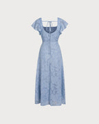 Blue Floral Square Neck Midi Dress