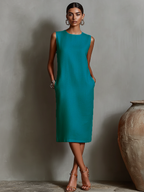 Women's Orange Linen Shift Dress With Sleeveless Round Neck & Side Pockets, Timeless Minimalist-Elegant Style Dress MDZ2851C7I
