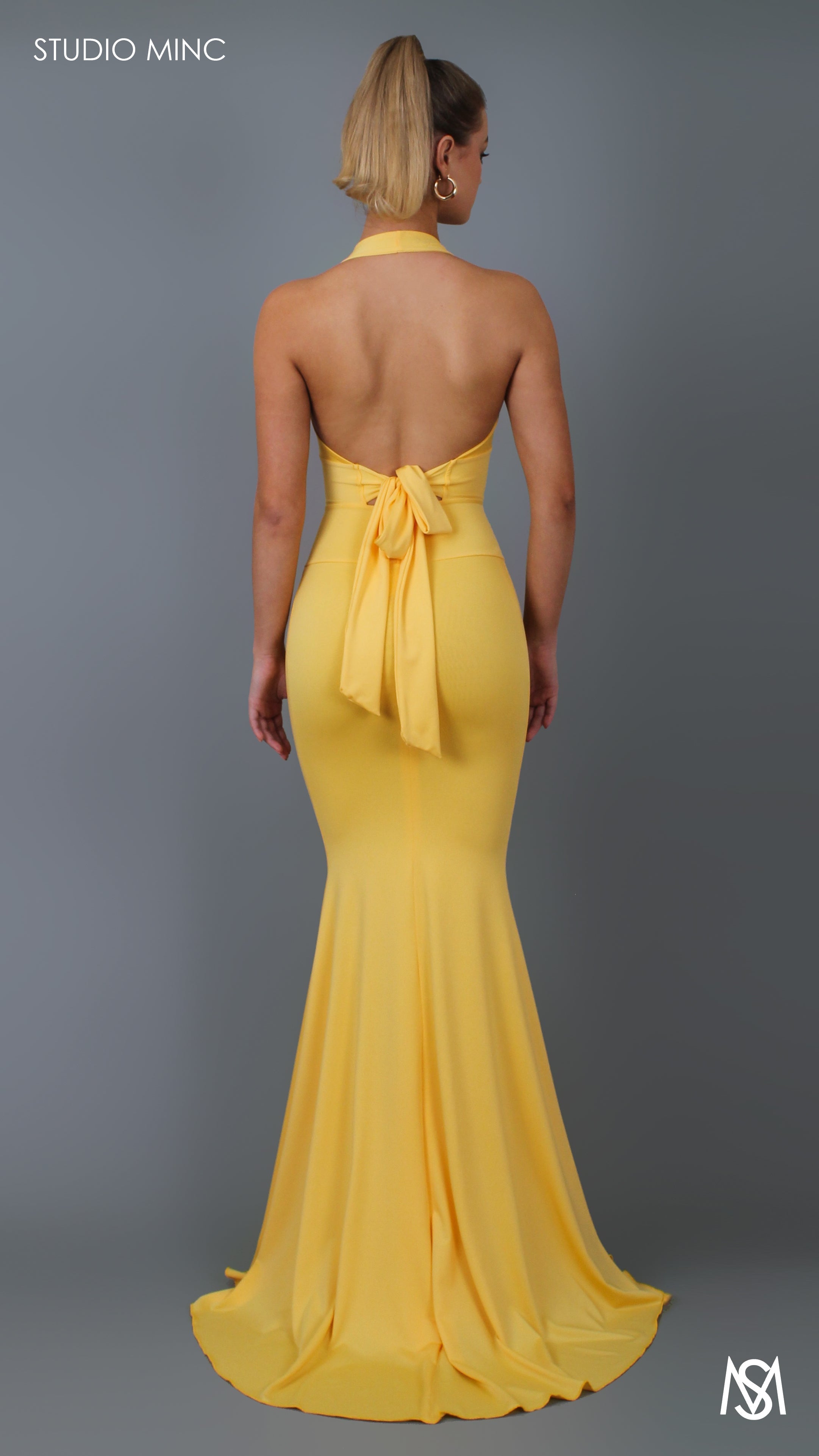 HOURGLASS - Canary Yellow Fitted Formal Dress with Plunge Neckline
