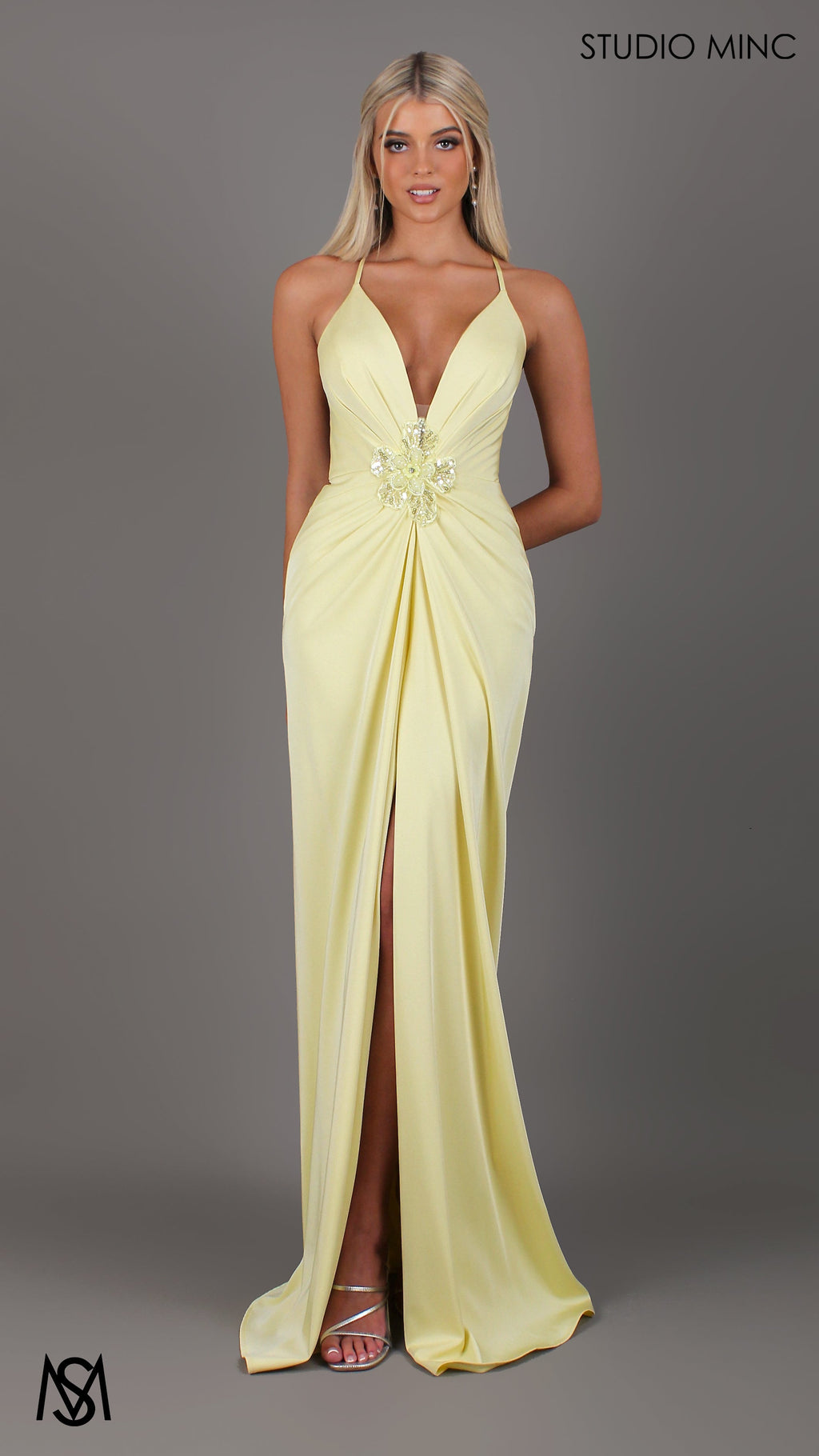 Bloom - Light Yellow Formal dress | Plunge V neckline draping floral pearl detail