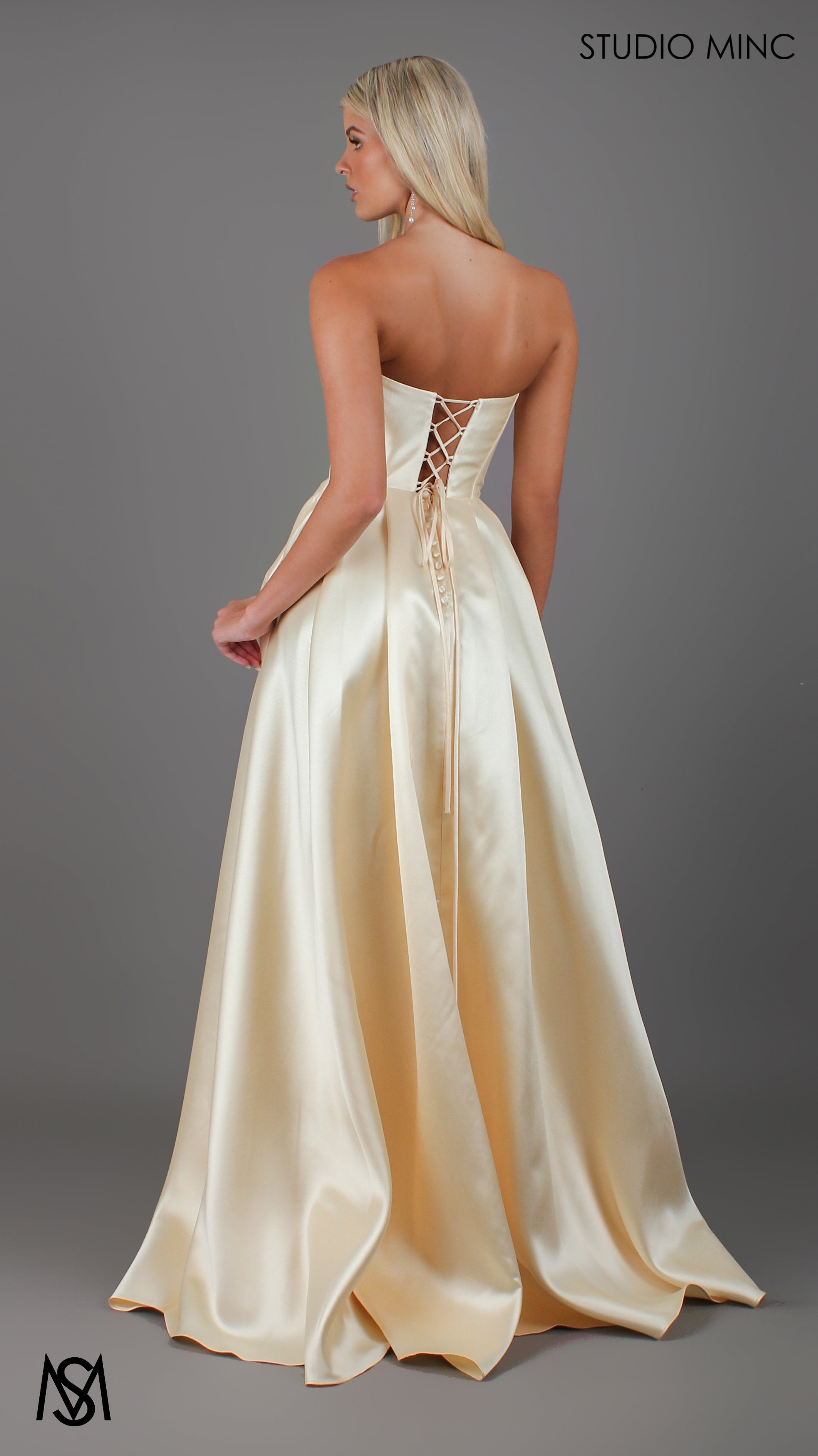 Honey - Light Yellow formal Dress | Strapless corset pearl detail Mikado satin ball gown