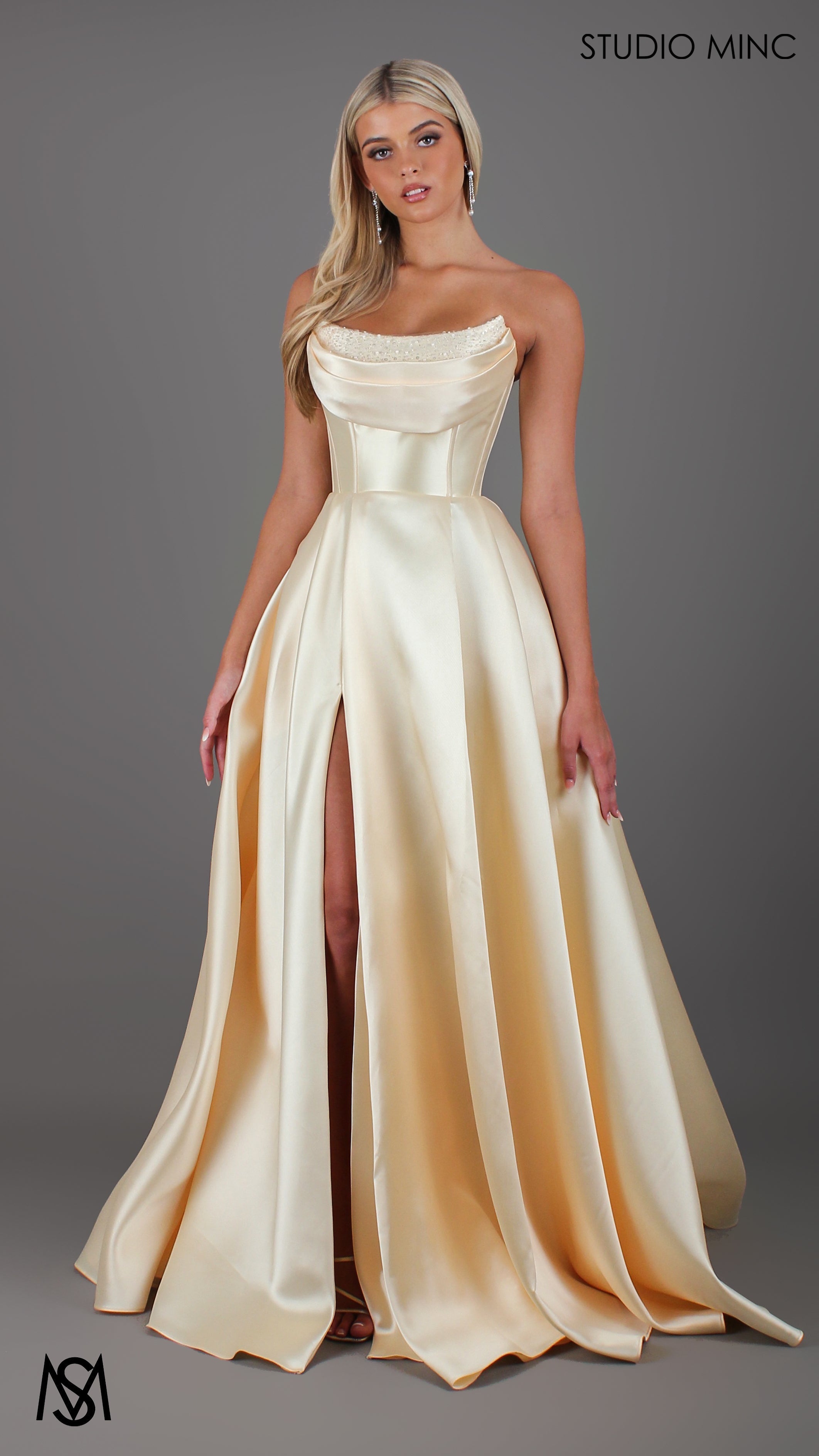 Honey - Light Yellow formal Dress | Strapless corset pearl detail Mikado satin ball gown