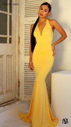 HOURGLASS - Canary Yellow Fitted Formal Dress with Plunge Neckline