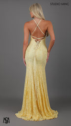 Jasmine - Light yellow formal dress | lace V neckline fitted mermaid lace up