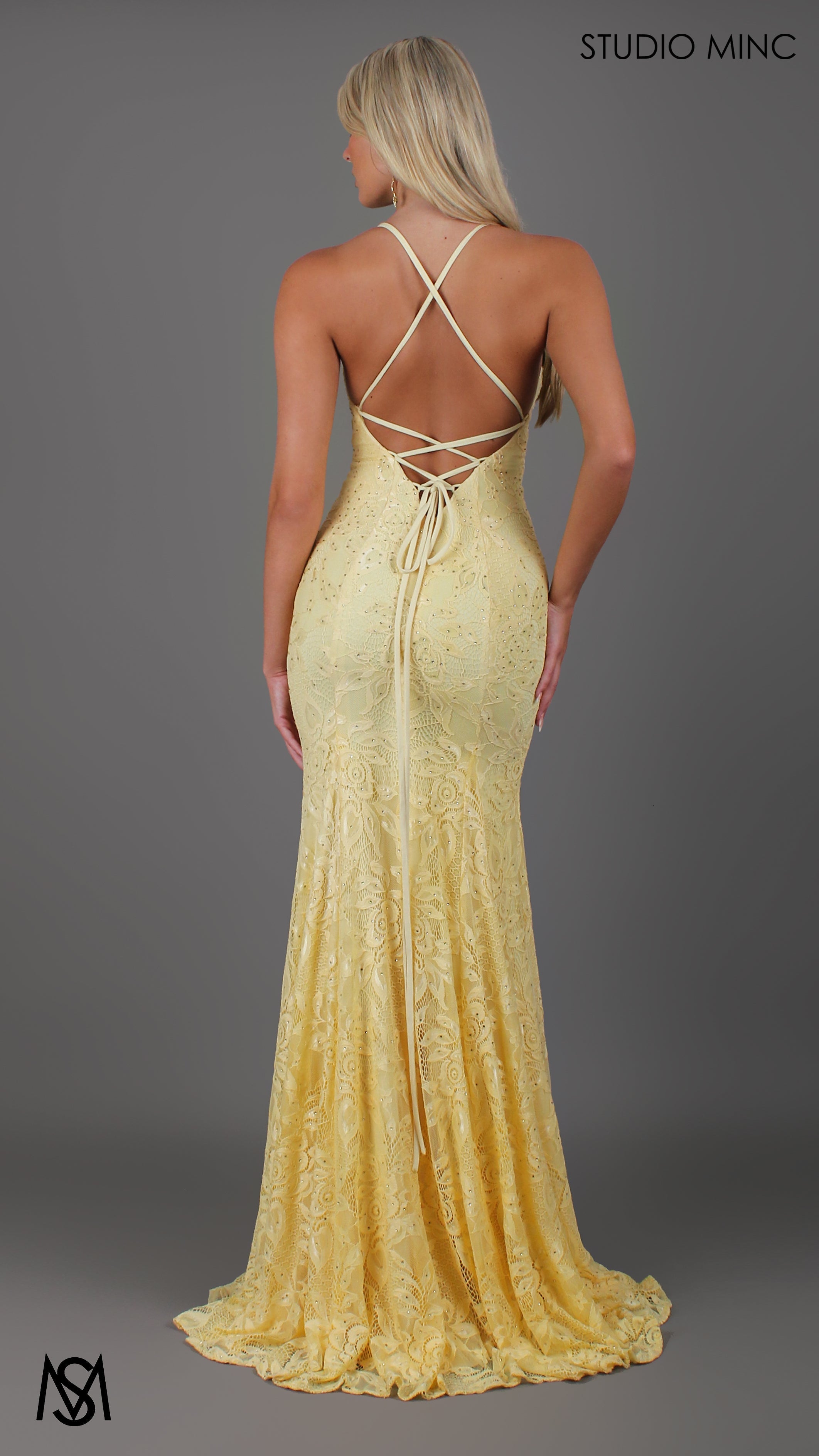Jasmine - Light yellow formal dress | lace V neckline fitted mermaid lace up
