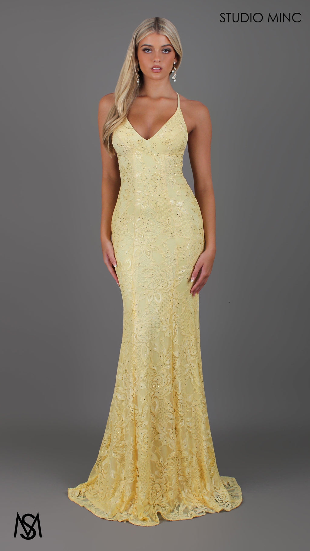 Jasmine - Light yellow formal dress | lace V neckline fitted mermaid lace up