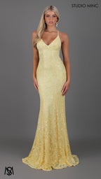 Jasmine - Light yellow formal dress | lace V neckline fitted mermaid lace up