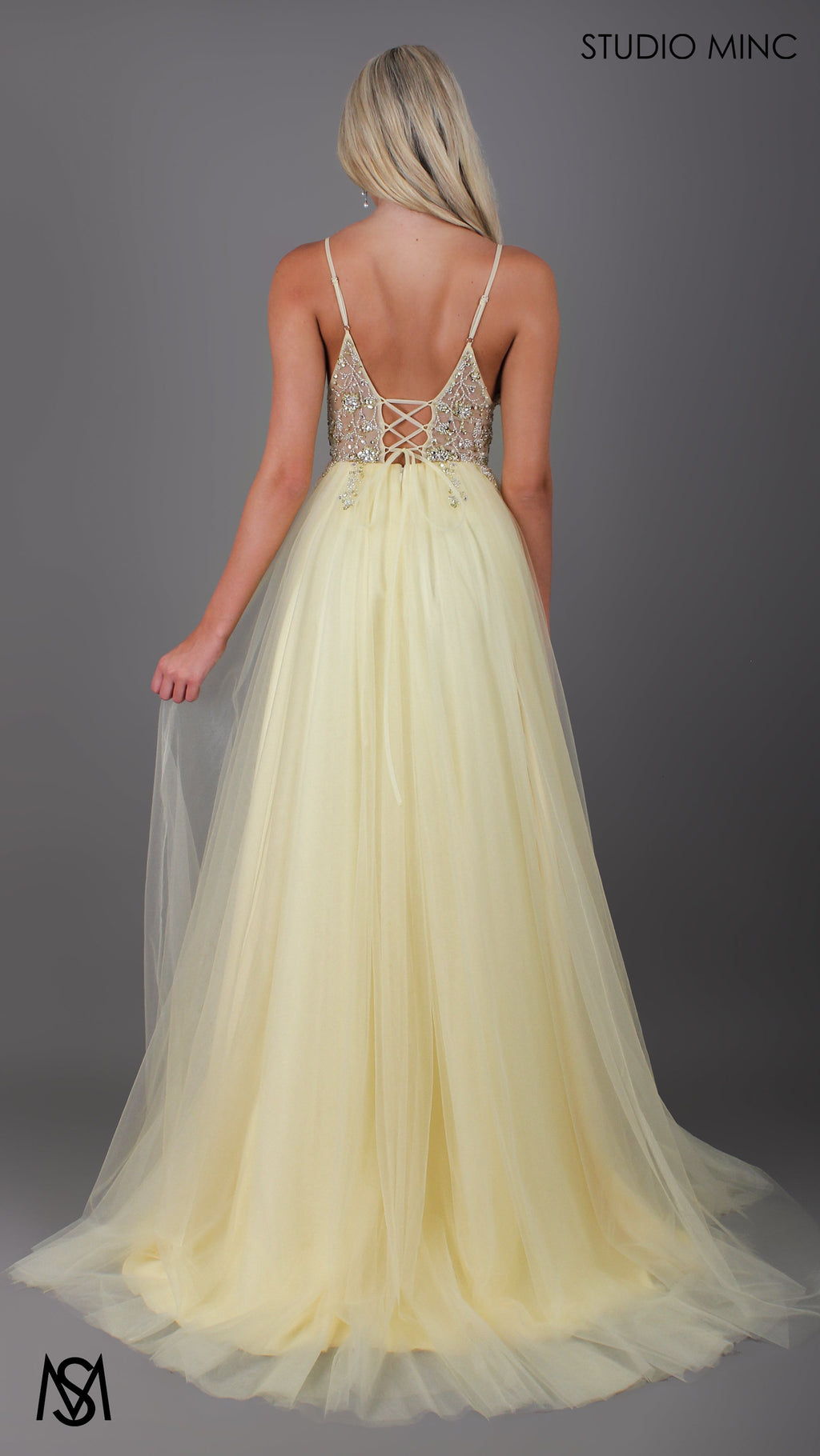 Lila - Light Yellow Formal dress | Sheer Beaded floral V neckline tulle gown