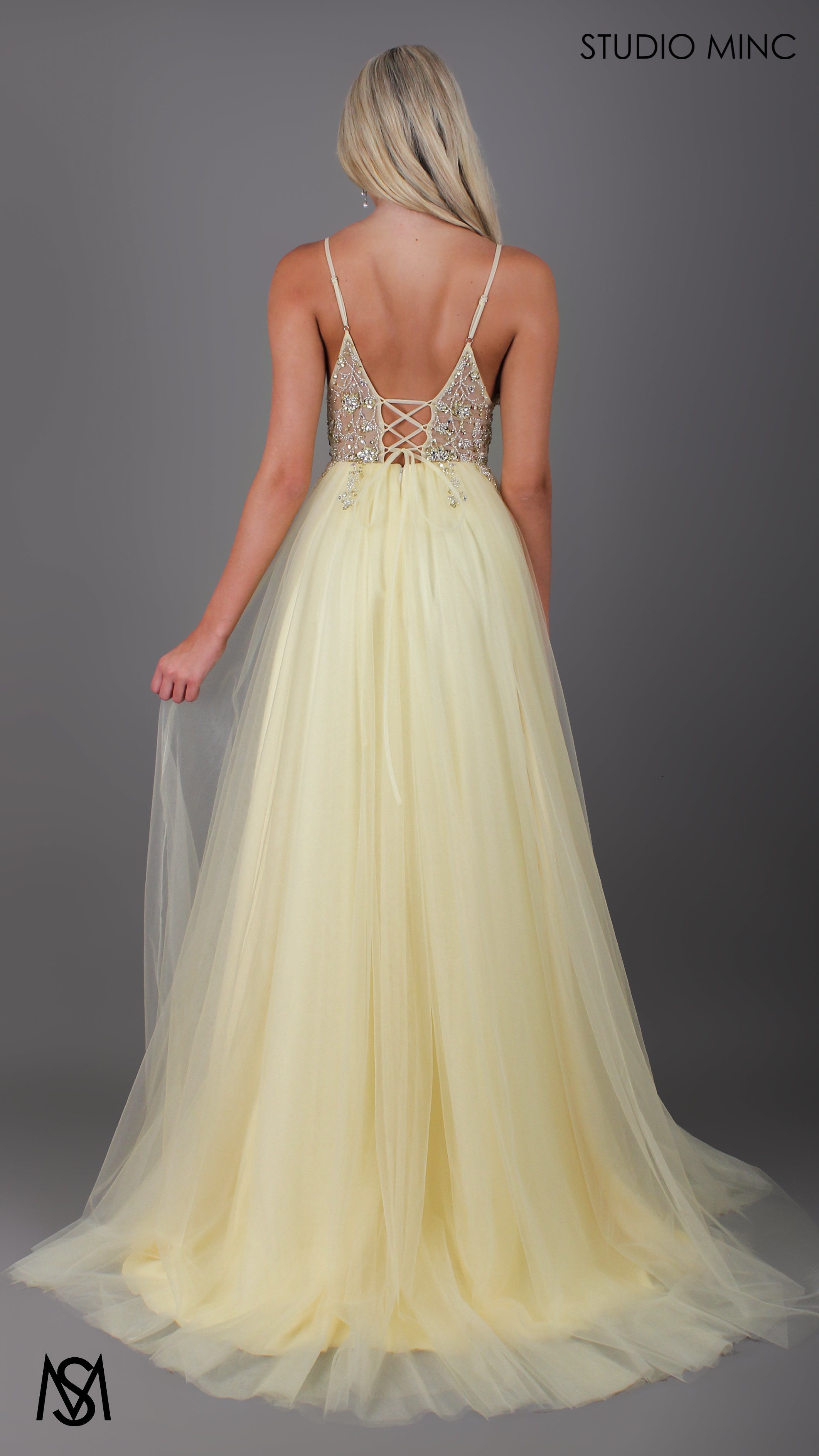 Lila - Light Yellow Formal dress | Sheer Beaded floral V neckline tulle gown