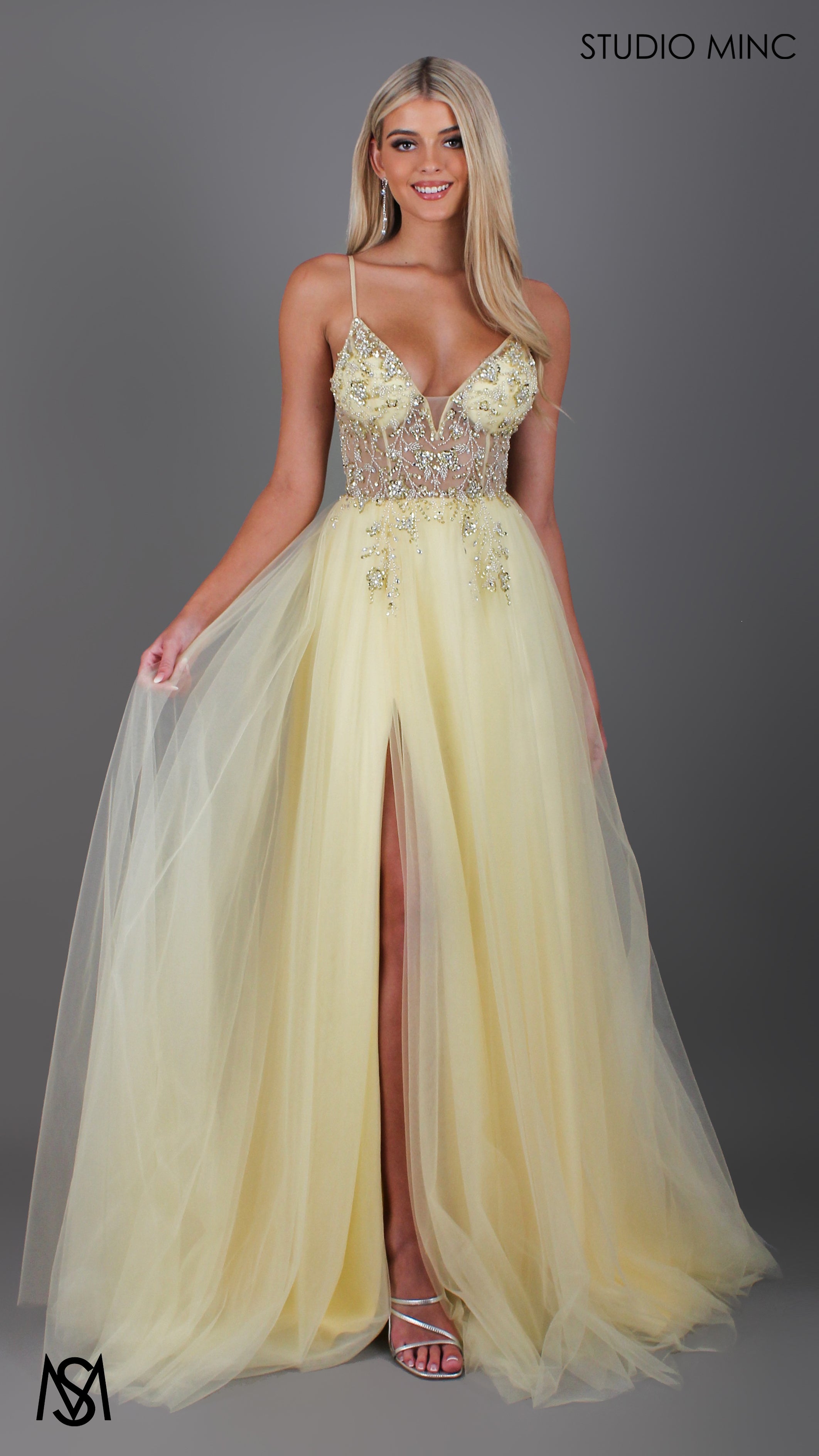 Lila - Light Yellow Formal dress | Sheer Beaded floral V neckline tulle gown