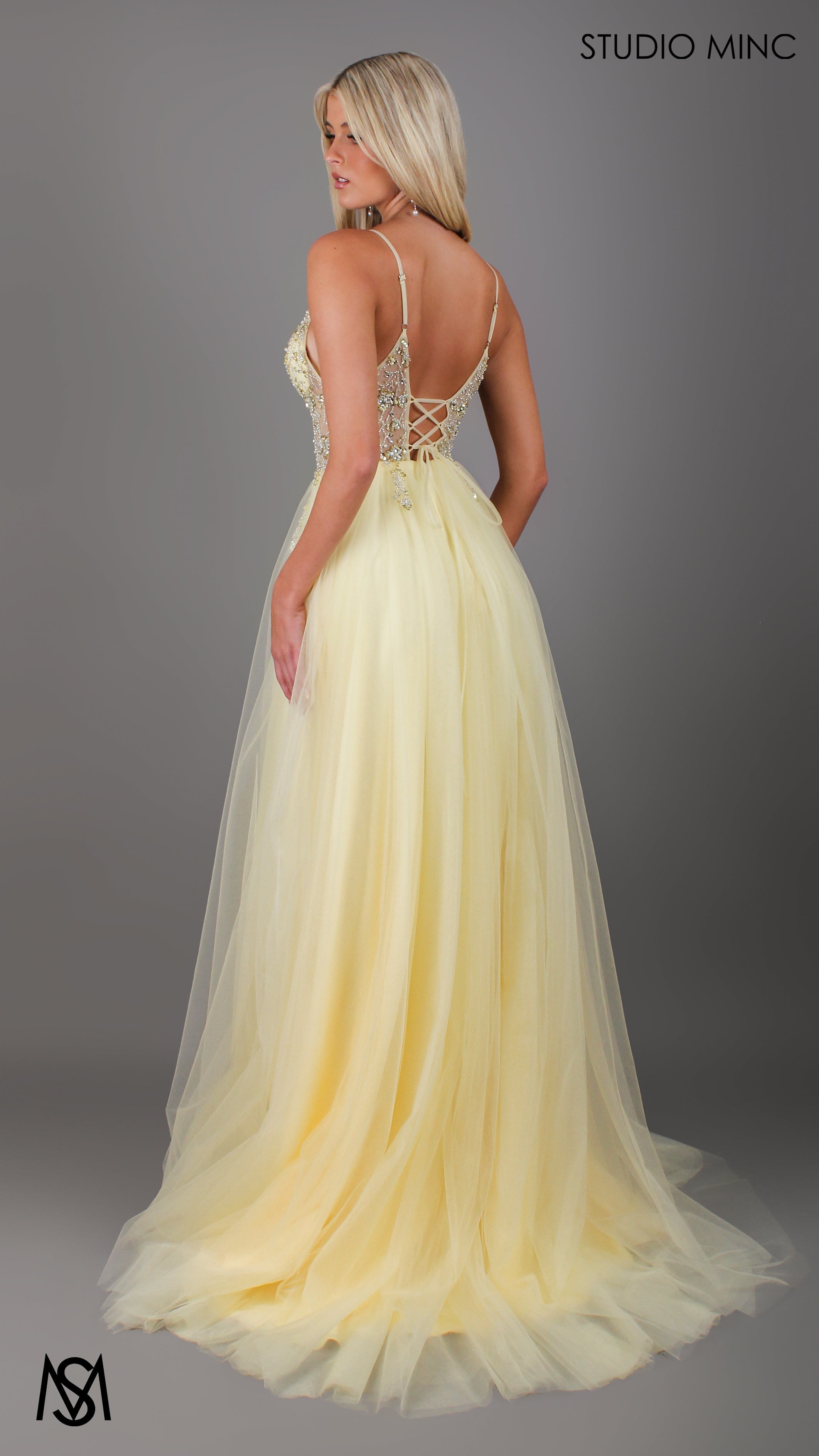Lila - Light Yellow Formal dress | Sheer Beaded floral V neckline tulle gown