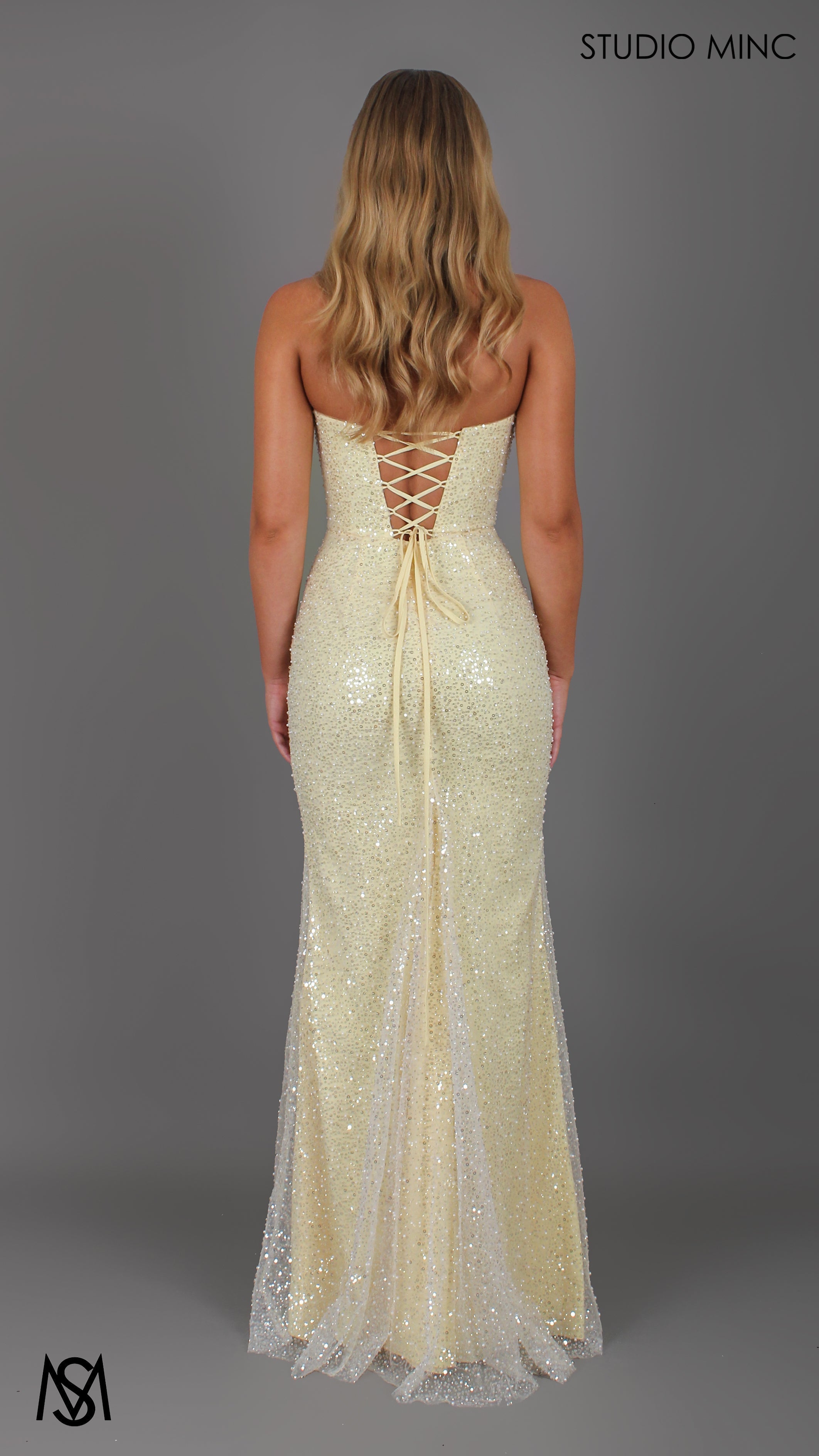 Merci - Butter Yellow Formal Dress, Strapless Corset Pearl and Sequin fitted leg slit