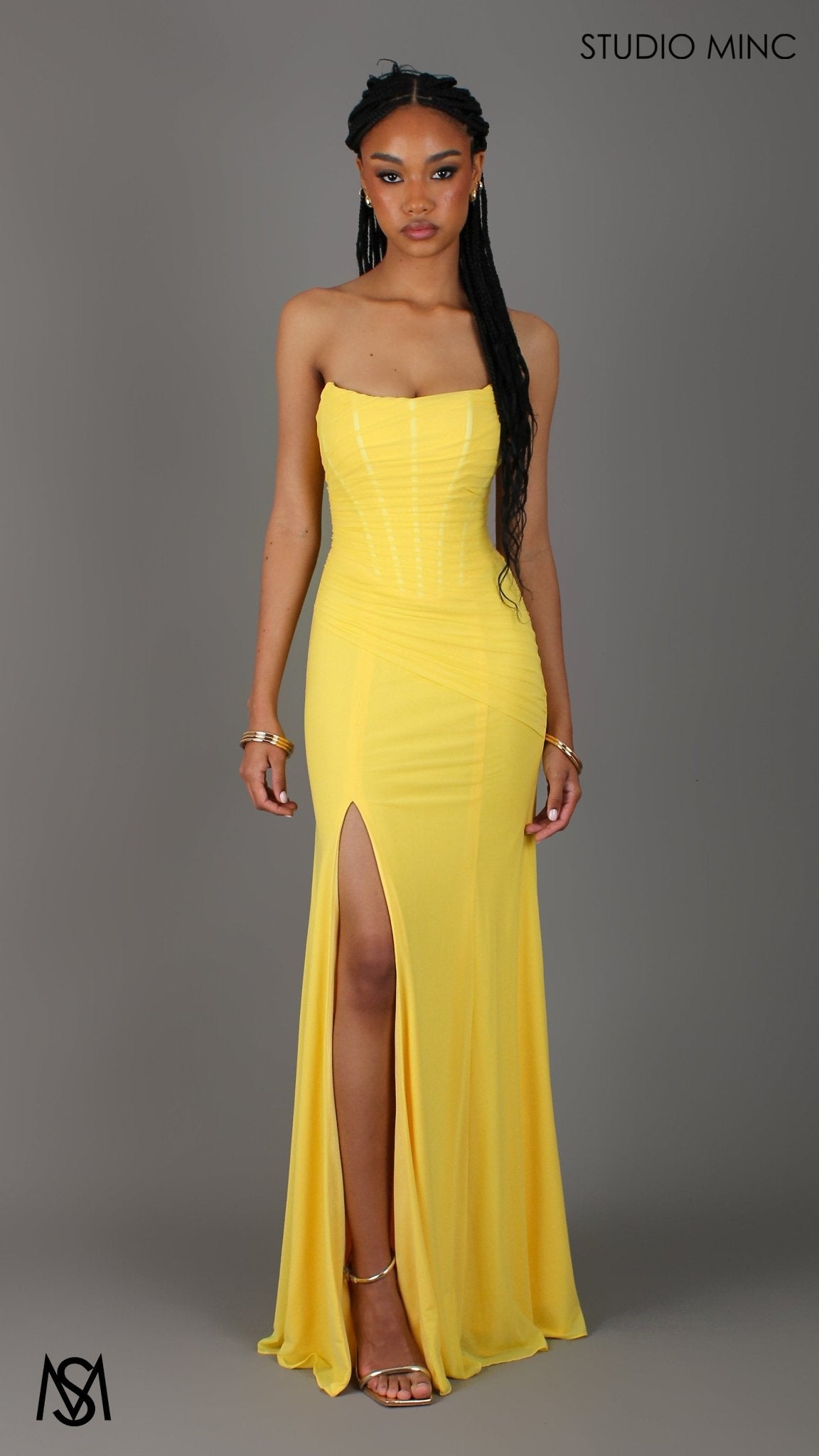 Amalfi - Yellow Formal Dress, Strapless Corset Boning Fitted mermaid, Gathered net