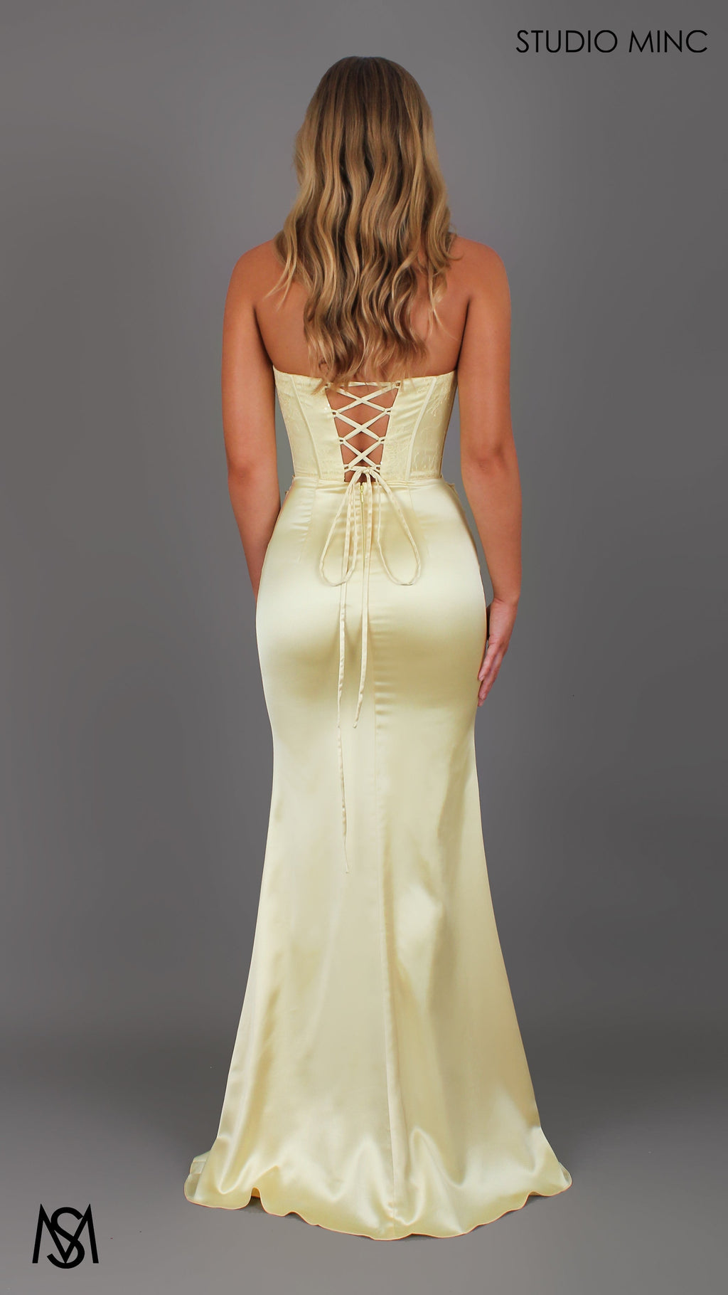 Bella - Yellow Formal Dress, Strapless lace Corset, fitted pleated satin skirt
