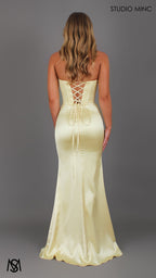 Bella - Yellow Formal Dress, Strapless lace Corset, fitted pleated satin skirt
