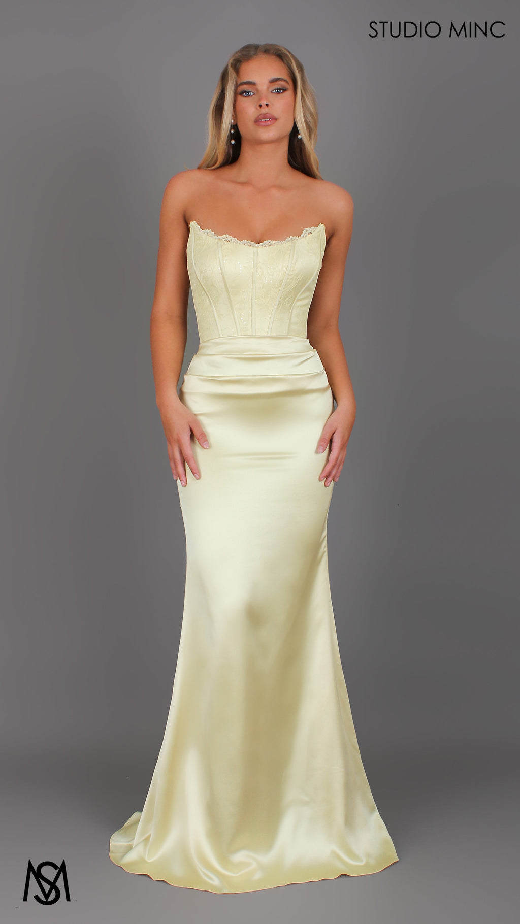Bella - Yellow Formal Dress, Strapless lace Corset, fitted pleated satin skirt