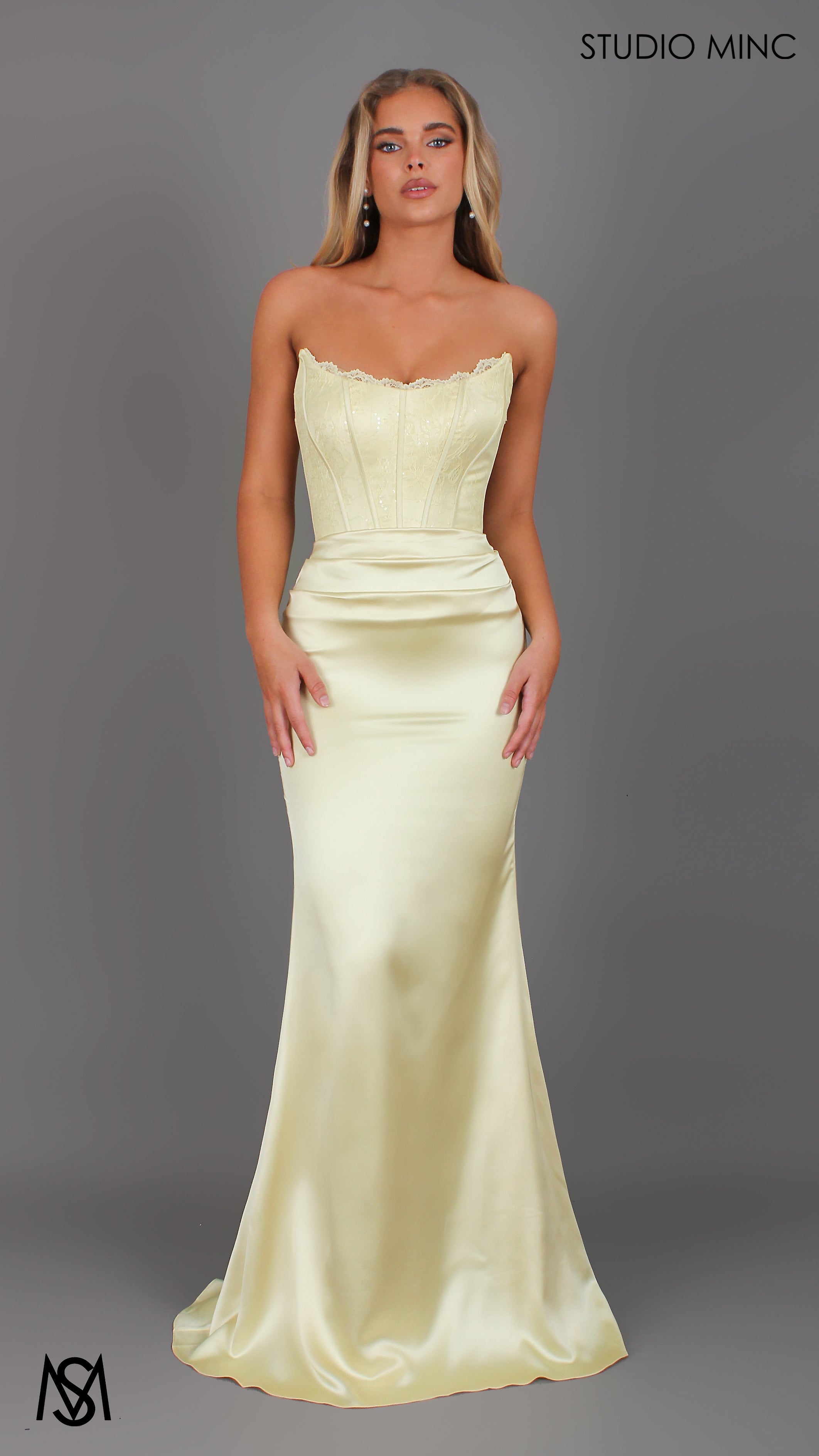 Bella - Yellow Formal Dress, Strapless lace Corset, fitted pleated satin skirt