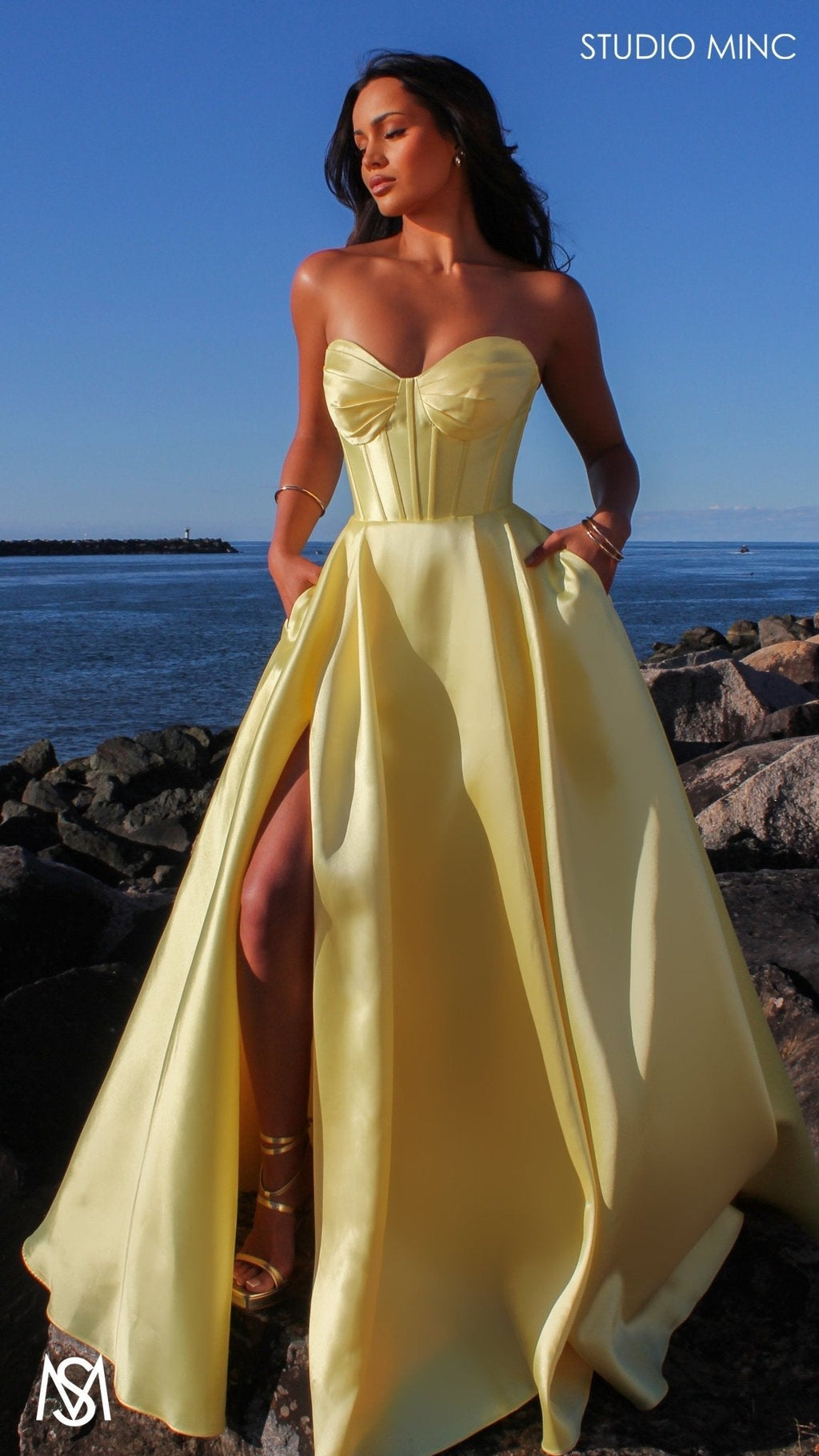 Capri - Yellow Formal Dress, satin strapless boned corset lace up gown pockets leg slit